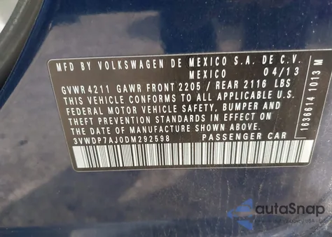 2013 Volkswagen Jetta 2.5L Se из США, поврежденный, VIN 3VWDP7AJ0DM292598